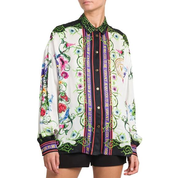 Versace Jeans Couture Garden Baroque Print Shirt White Multi Size 4 Signature - Picture 3 of 16
